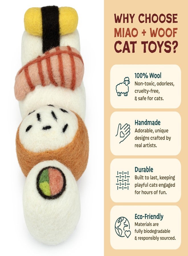 Woolbuddy Sushi Cat Toy Set – Wool Felt Interactive Toys for Indoor Cats & Kittens, Catnip-Free, Durable, Cute Enrichment Toys for Bored Cats, Natural Wool Dental & Hunting Play (Large – 4 Pcs) - Image 5